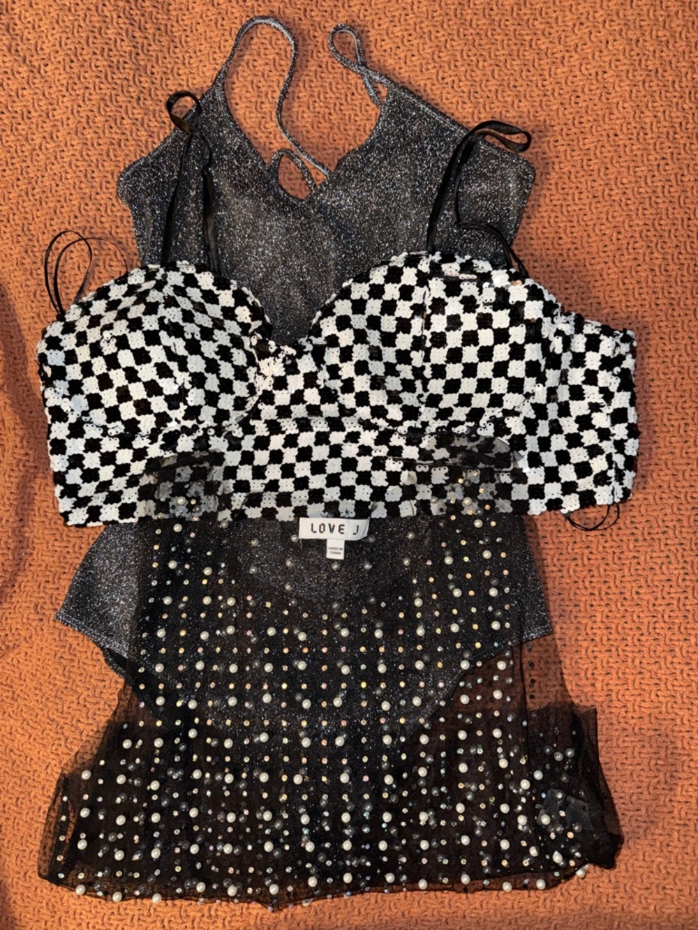 3 beautiful different tops love J Black & White Checkered Sequin Bustier